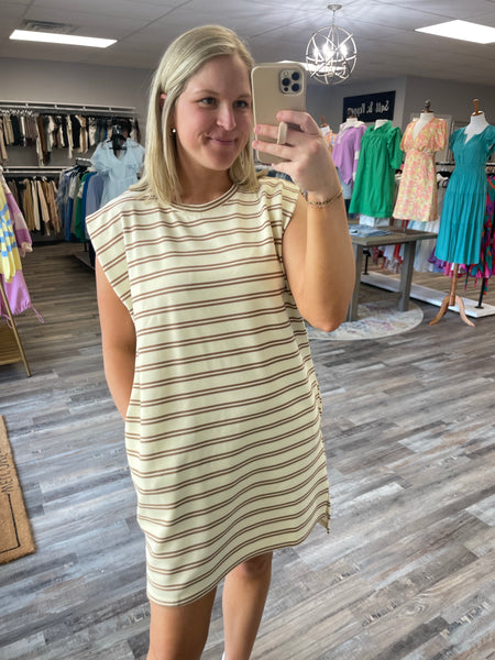 Striped Muscle Sleeve Dress - Cream/Taupe