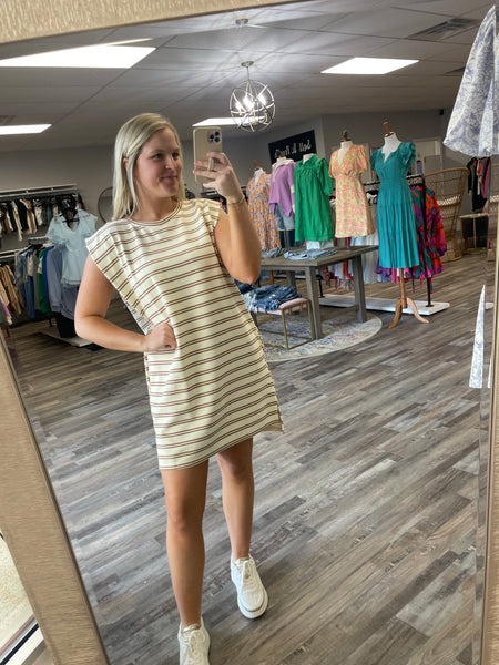 Striped Muscle Sleeve Dress - Cream/Taupe