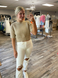 Open Knit Crochet Top - Taupe
