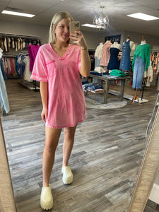 Washed Knit Tee Dress - Hot Pink
