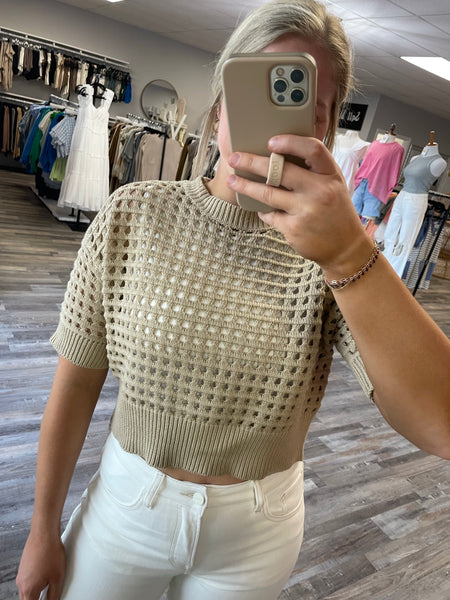Open Knit Crochet Top - Taupe