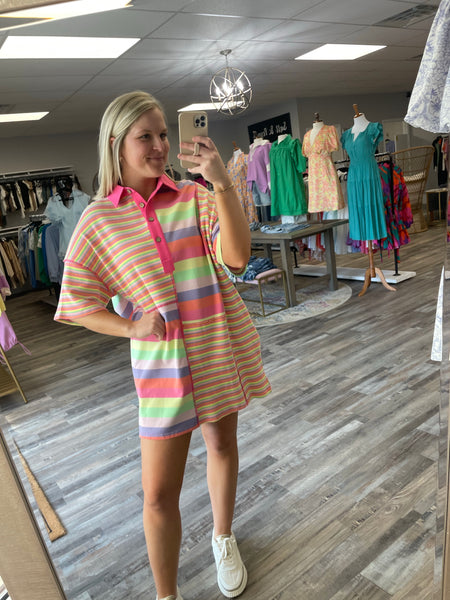 Colorful Multi Striped Tee Dress - Pink Combo