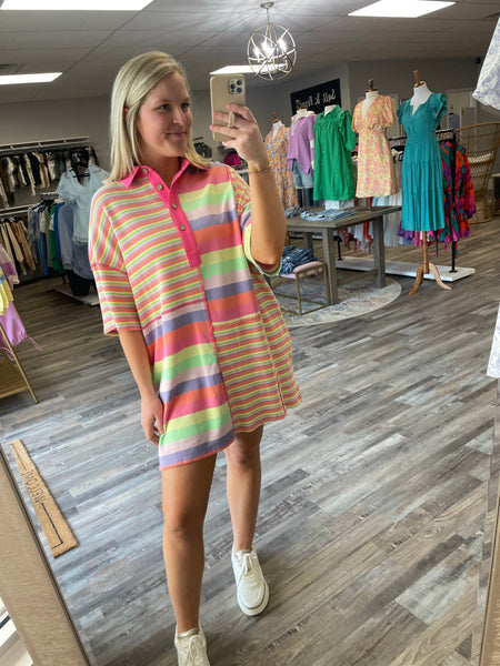 Colorful Multi Striped Tee Dress - Pink Combo