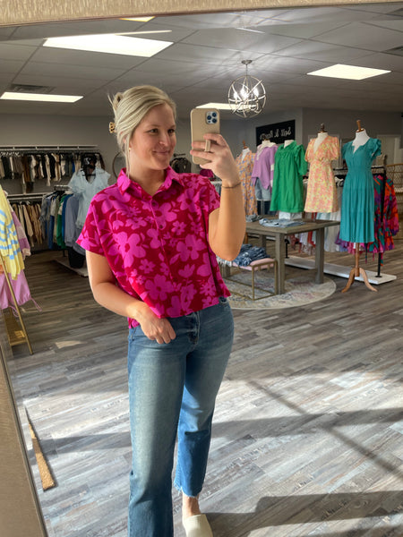 Floral Collared Button Up Top - Red/Fuchsia