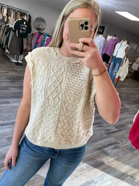 Mixed Cable Knit Sweater Vest - Cream