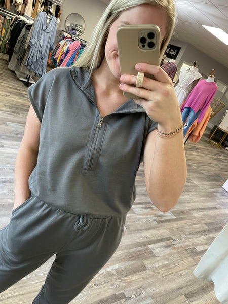 French Terry Hooded Jumpsuit - Charcoal