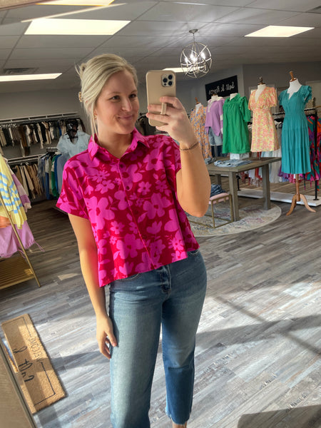 Floral Collared Button Up Top - Red/Fuchsia