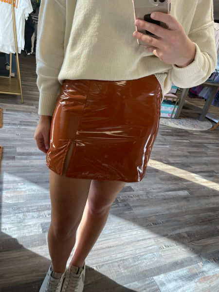 Leather Slit Skirt - Cognac
