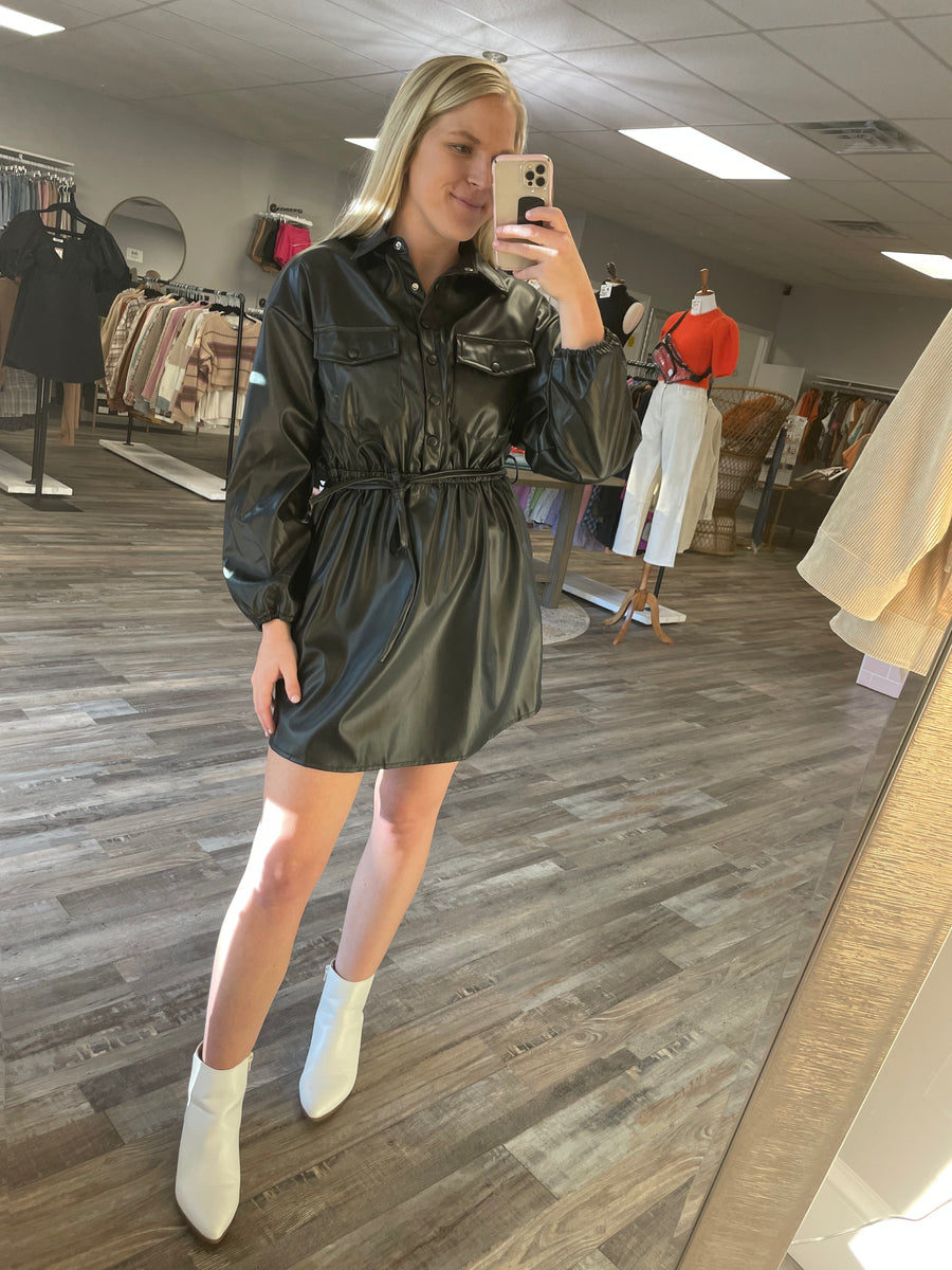 Leather Button Down Dress Black Salt & Pepper Boutique