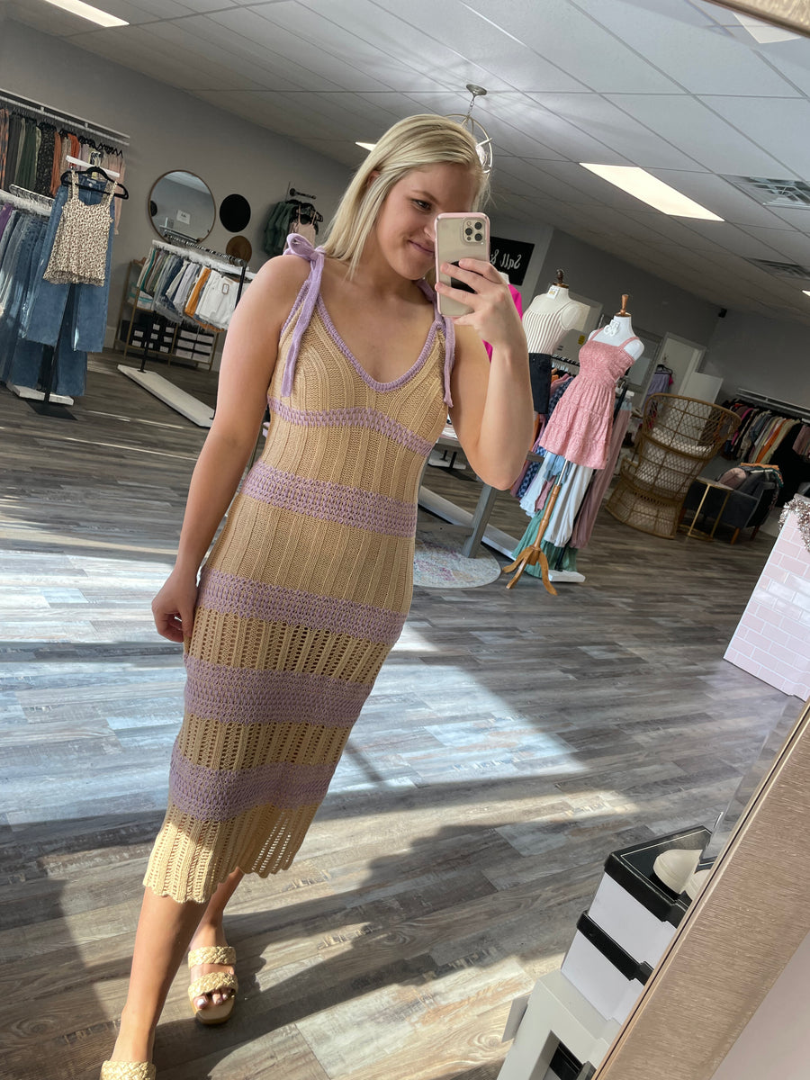 Crochet Contrast Midi Dress Tan/Lavender Salt & Pepper Boutique