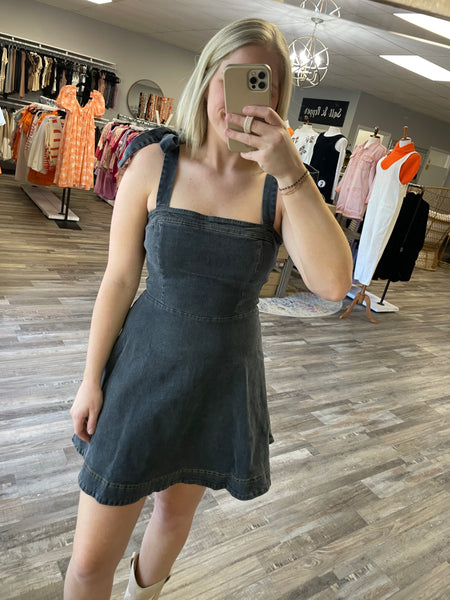 Denim Tie Strap Mini Dress - Black