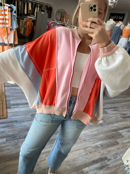 Colorblock Zip Up Jacket - Pink/Orange/Blue