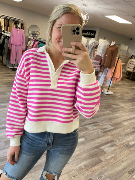 Striped Collared Sweater - Pink