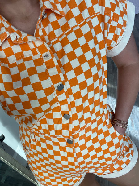 Checkerboard Romper - Orange/White