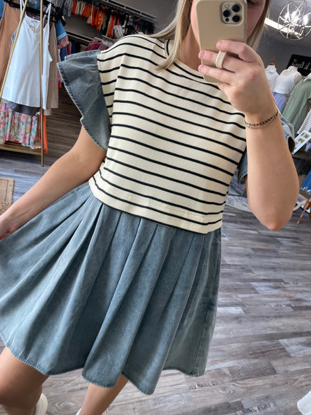 Striped Twofer Denim Dress - Cream