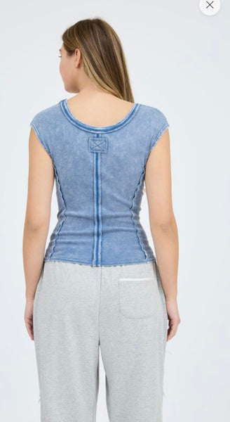 Scoop Neck Exposed Seam Top - Blue