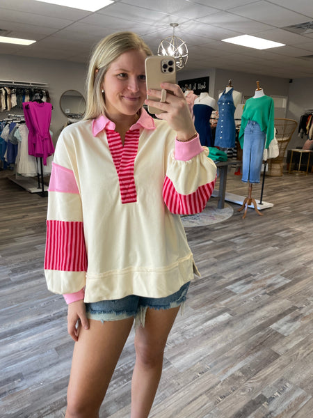 Color Block Striped Collared Pullover - Ecru