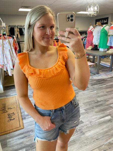 Ribbed Ruffle Top - Orange