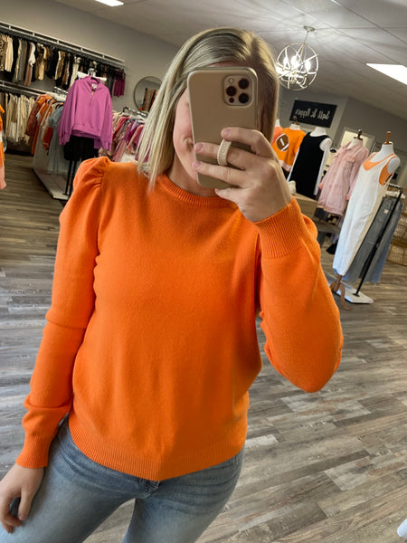 Puff Sleeve Crew Neck Sweater - Tangerine