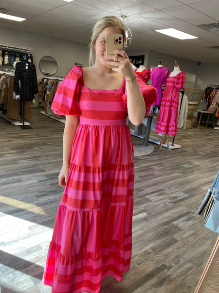 Striped Square Neck Maxi Dress - Red/Pink