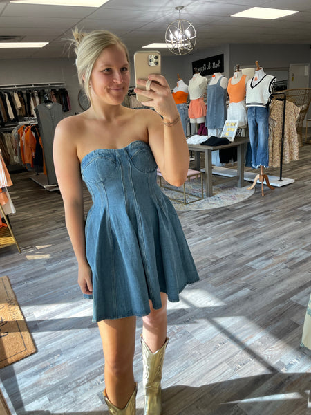 Corset Strapless Denim Dress - Light Wash