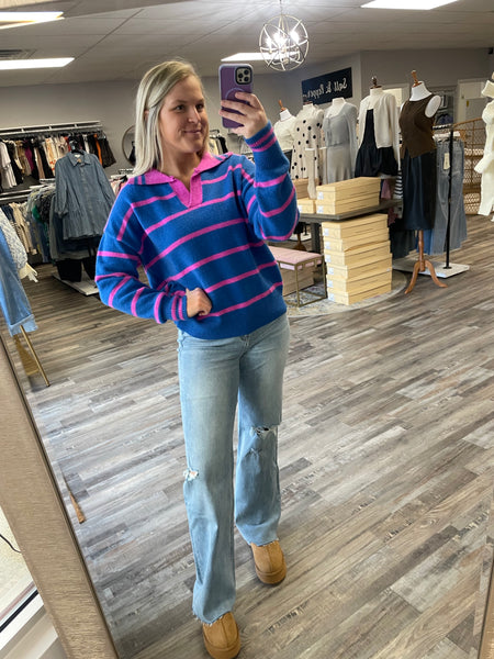 Striped Collared Sweater - Blue/Pink