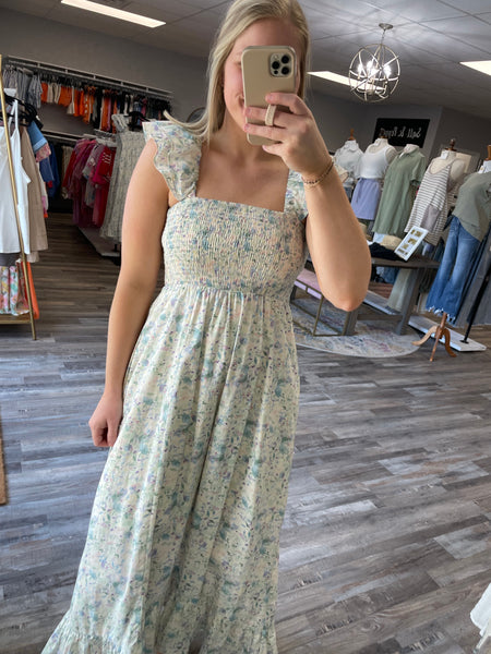 Floral Smocked Midi Dress - Sea Green