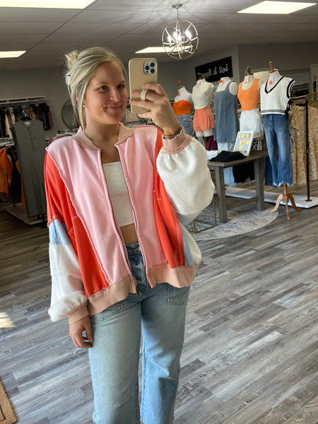 Colorblock Zip Up Jacket - Pink/Orange/Blue