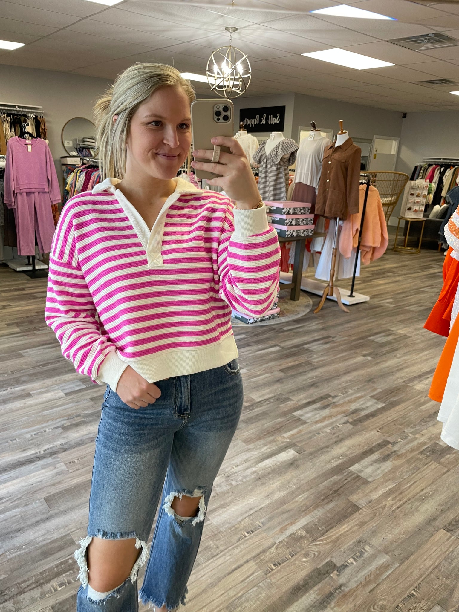 Striped Collared Sweater - Pink