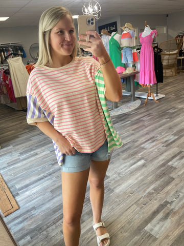 Multi Color Striped Oversized Tee - Pink/Purple/Green