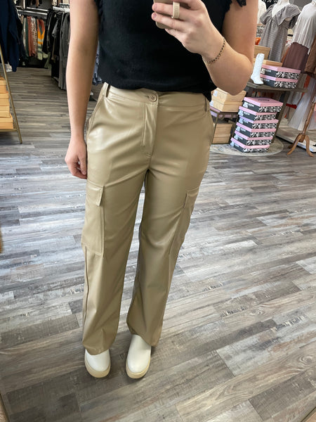Leather Cargo Pants - Taupe
