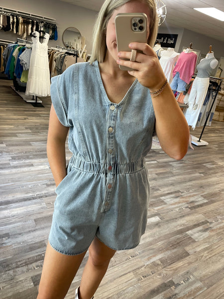 Button Down Denim Romper - Denim