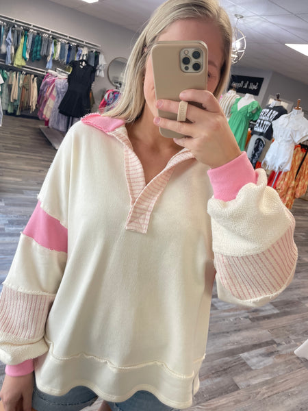 French Terry Collared Top - Ivory/Pink