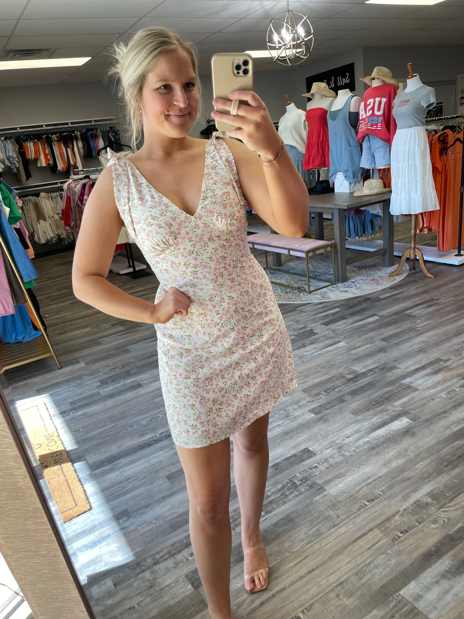 Floral V-Neck Mini Dress - White/Pink