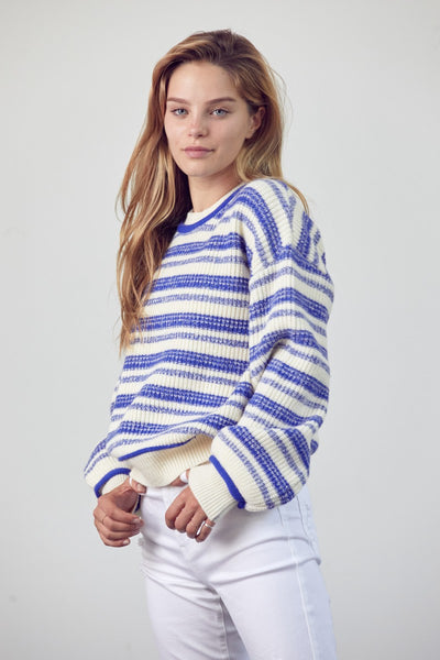 Striped Round Neck Sweater - Cobalt Blue