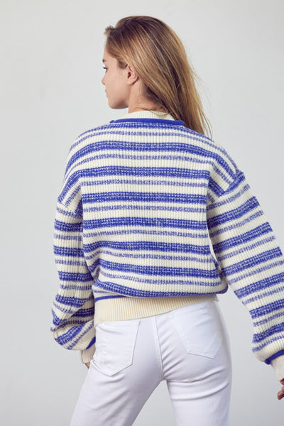 Striped Round Neck Sweater - Cobalt Blue