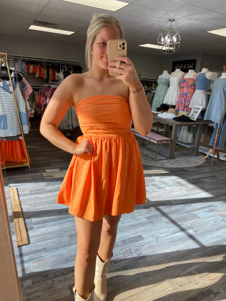 Strapless Pleated Dress - Orange