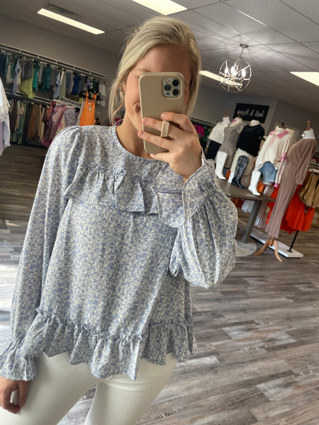 Floral Ruffle Detail Top - Blue
