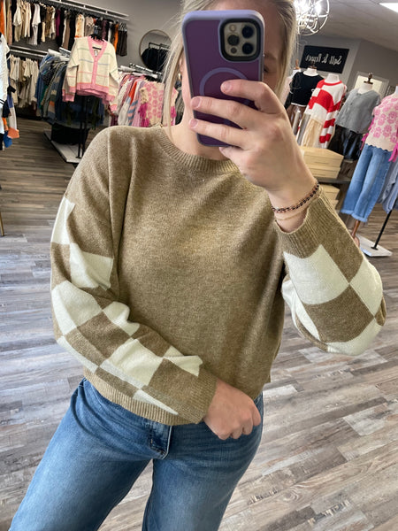 Checkered Sleeve Sweater - Taupe