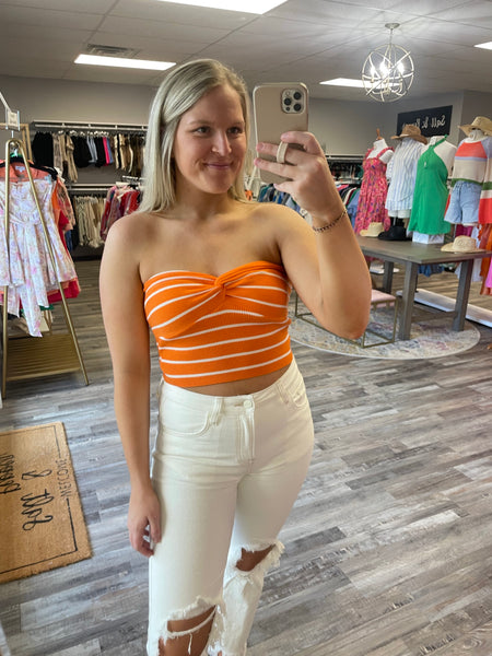 Rib Striped Twist Knot Bandeau Top - Orange/White