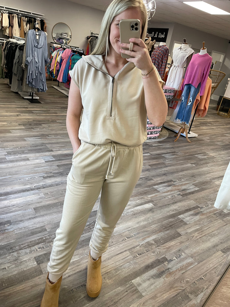 French Terry hooded jumpsuit by Wishlist Apparel - taupe