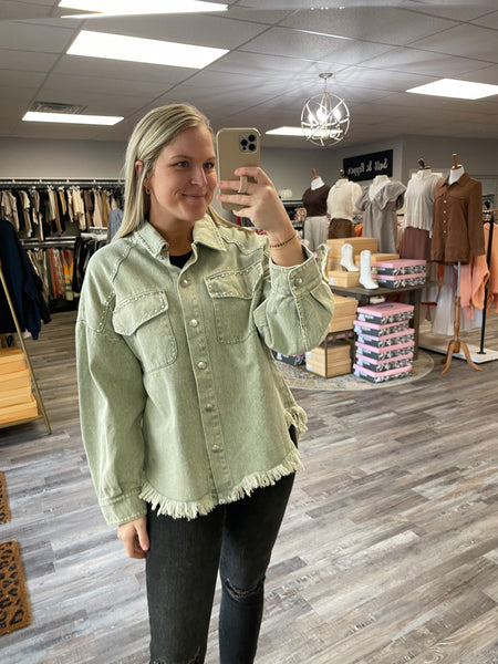 Stud Acid Wash Denim Shacket - Olive