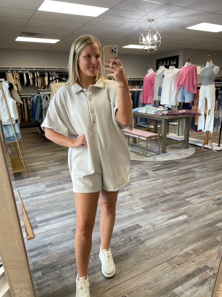 Textured Button Up Collared Romper - Silver