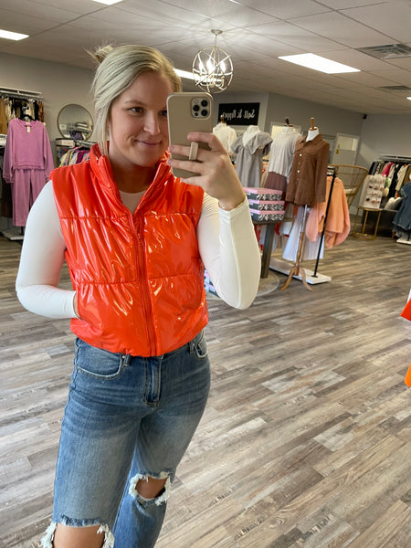 Gloss Shiny Puffer Vest - Orange