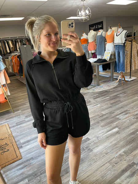 Half Zip Sweatshirt Romper - Black