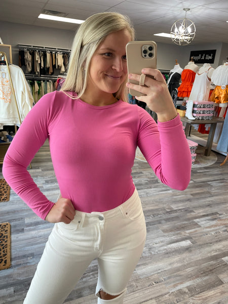 Long Sleeve Round Neck Rib Bodysuit - Hot Pink
