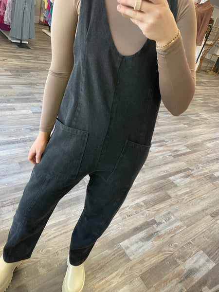 Relaxed Fit Washed Denim Jumpsuit - Black