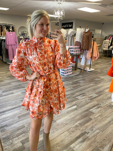 Floral Flounce Skirt Dress - Orange