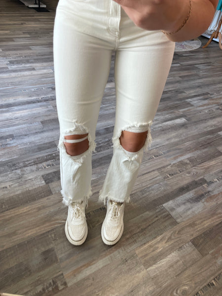 High-Rise Straight Distressed Jeans - Cream | Risen Jeans