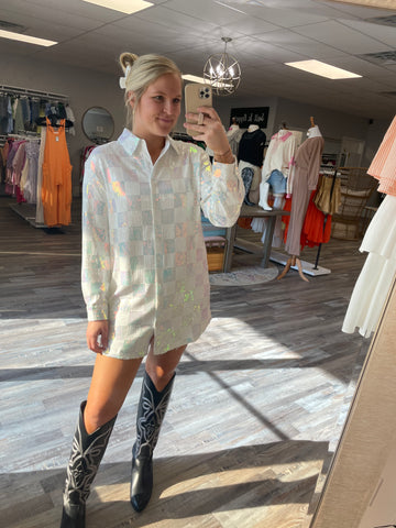 Checkerboard Sequin Shirt Dress - White